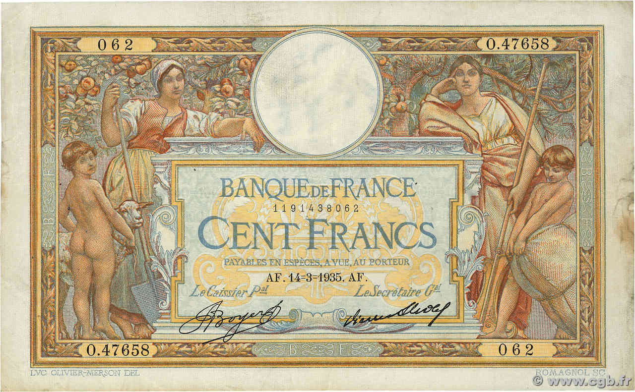 100 Francs LUC OLIVIER MERSON grands cartouches FRANCE  1935 F.24.14 pr.TTB