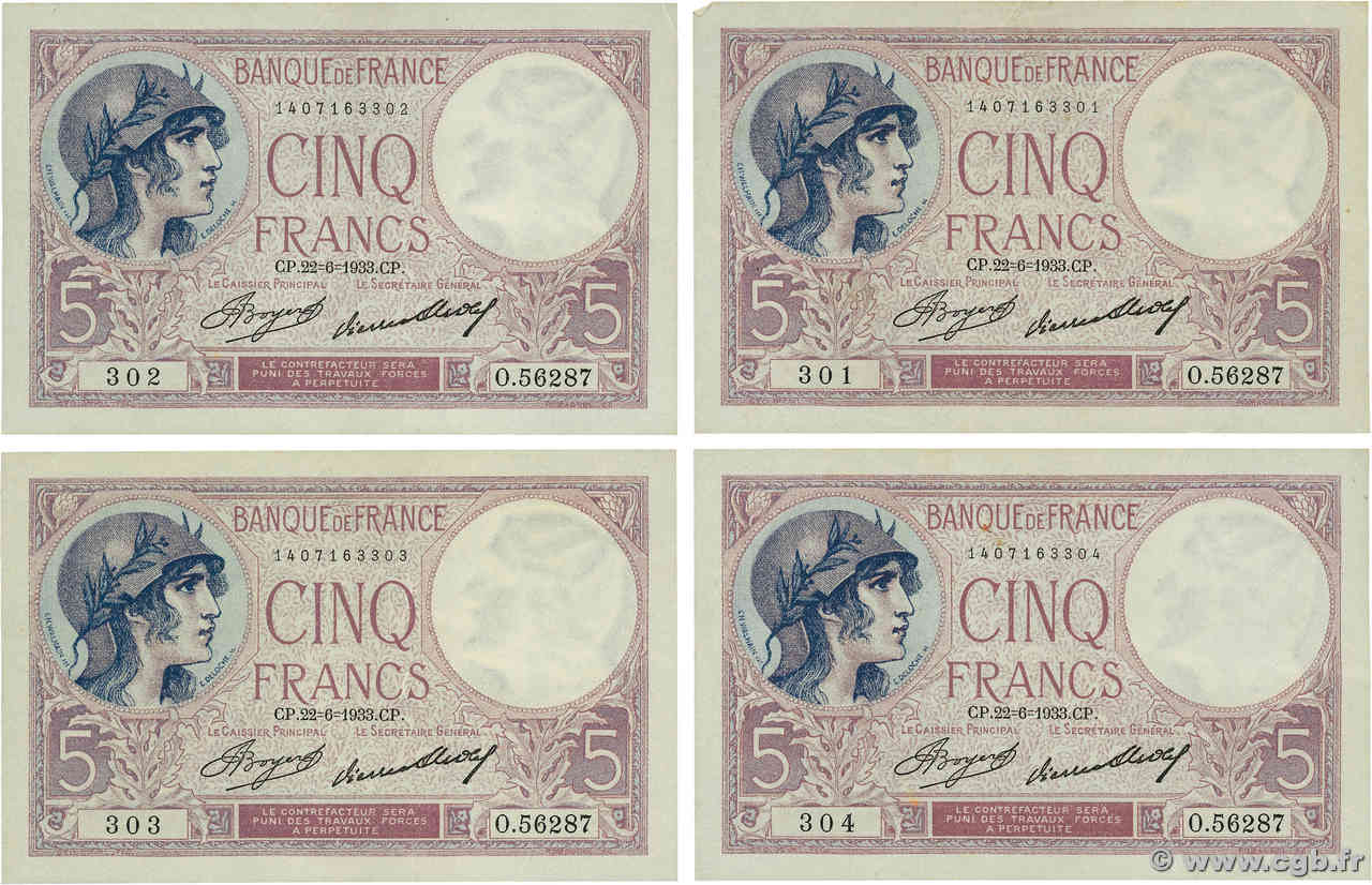 5 Francs FEMME CASQUÉE Consécutifs FRANCE  1933 F.03.17 TTB+