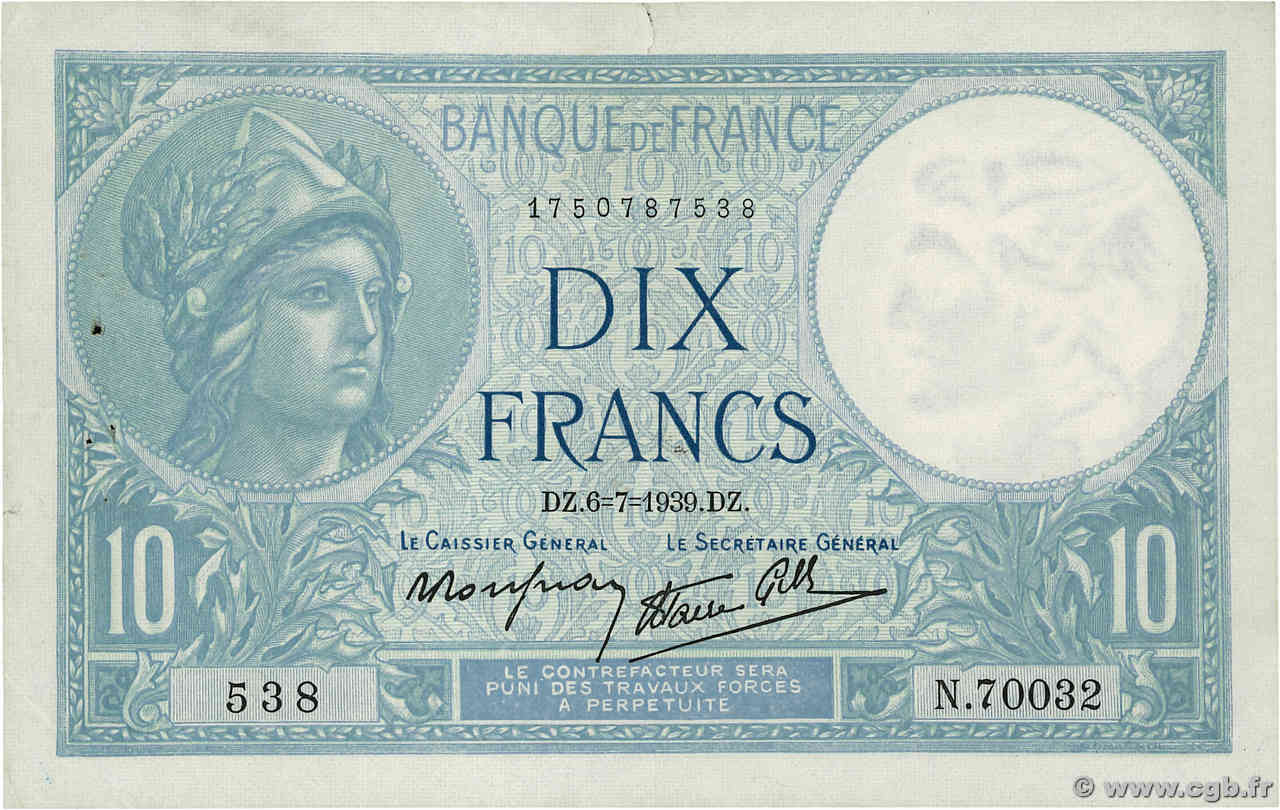 10 Francs MINERVE modifié FRANCE  1939 F.07.04 TTB