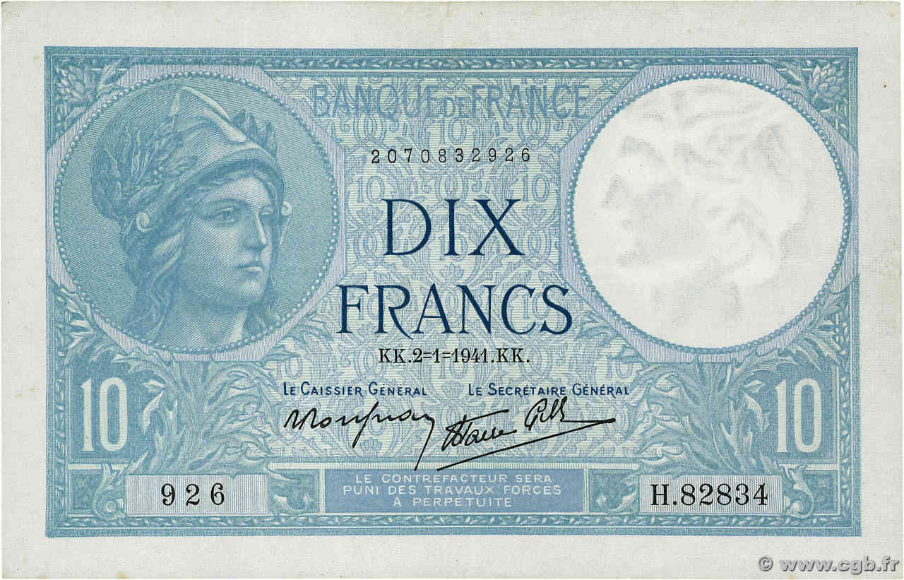 10 Francs MINERVE modifié FRANCE  1941 F.07.26 TTB+