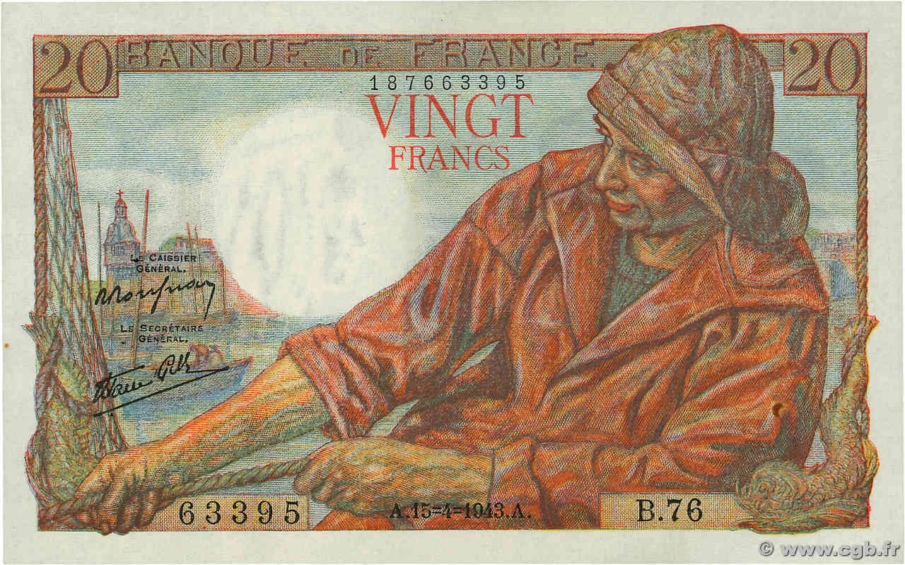 20 Francs PÊCHEUR FRANCE  1943 F.13.06 SPL