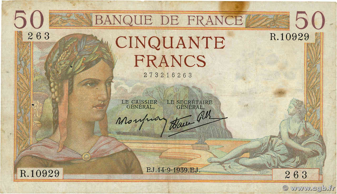 50 Francs CÉRÈS modifié FRANCE  1939 F.18.30 B+