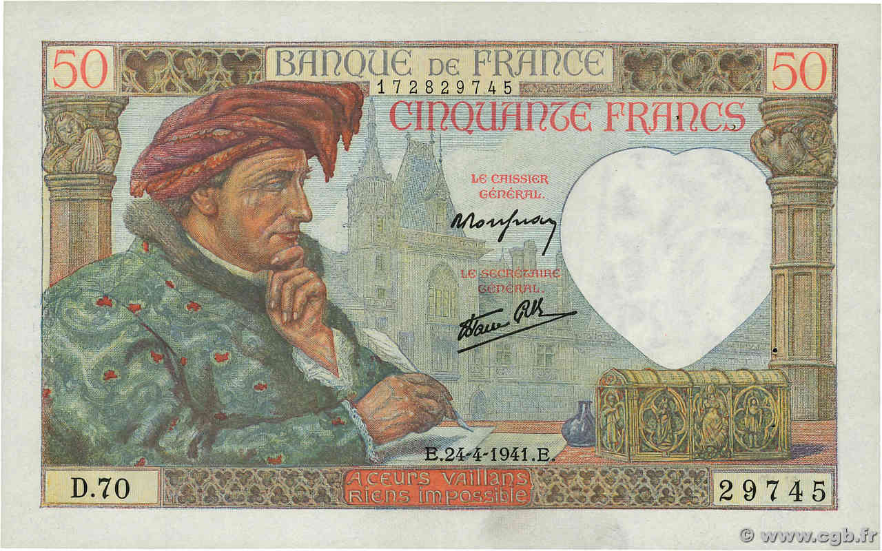 50 Francs JACQUES CŒUR FRANCE  1941 F.19.09 TTB