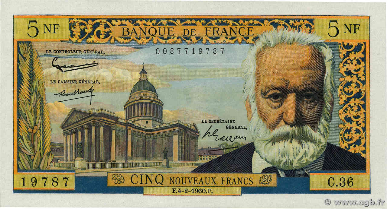 5 Nouveaux Francs VICTOR HUGO FRANCE  1960 F.56.05 SPL