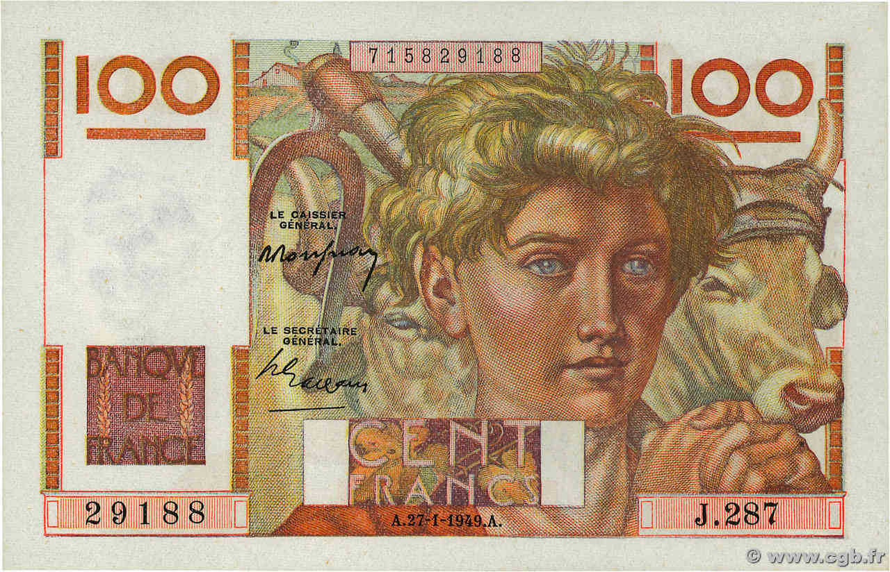 100 Francs JEUNE PAYSAN FRANCE  1949 F.28.21 SPL