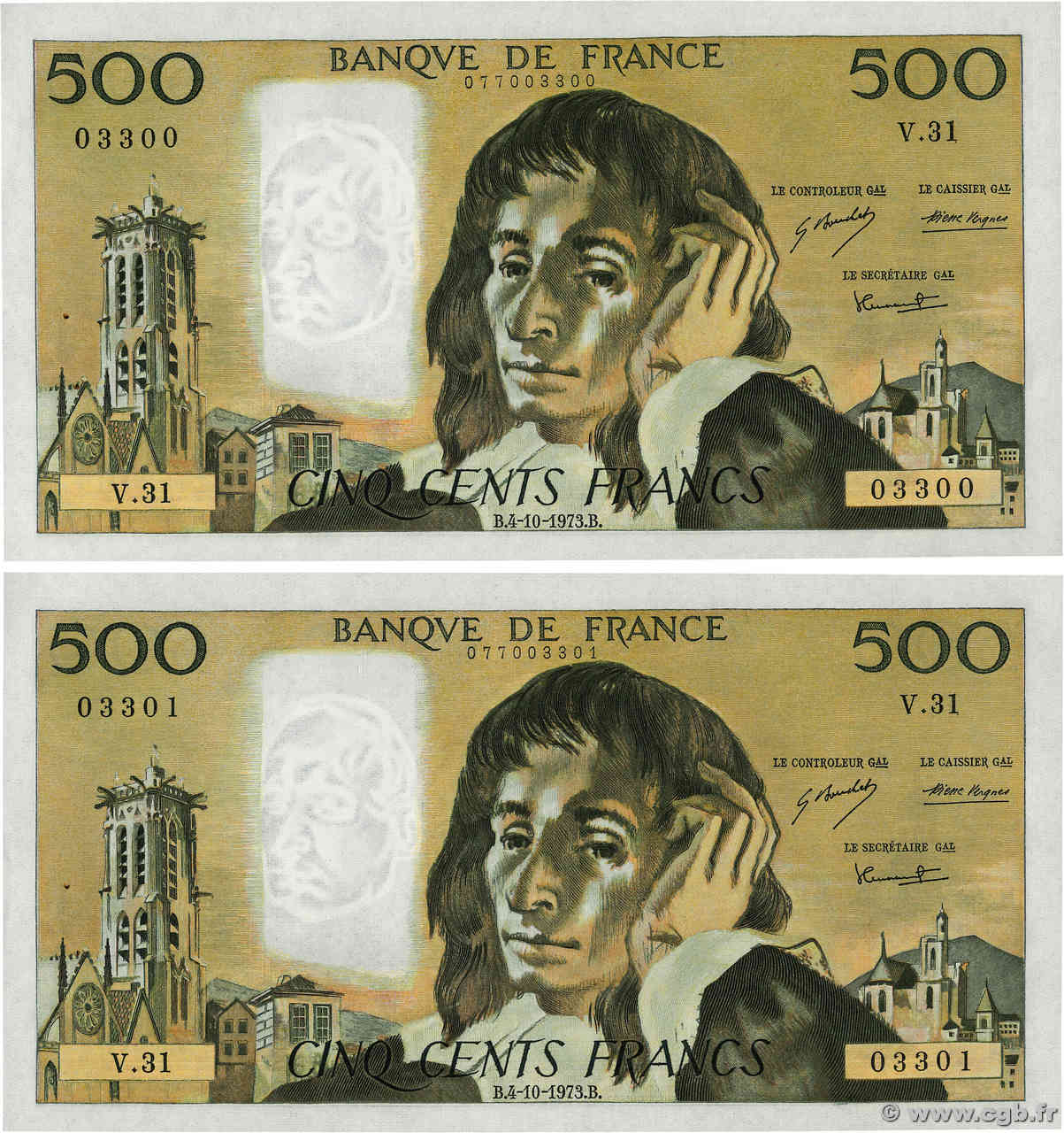 500 Francs PASCAL Consécutifs FRANCE  1973 F.71.09 pr.SPL