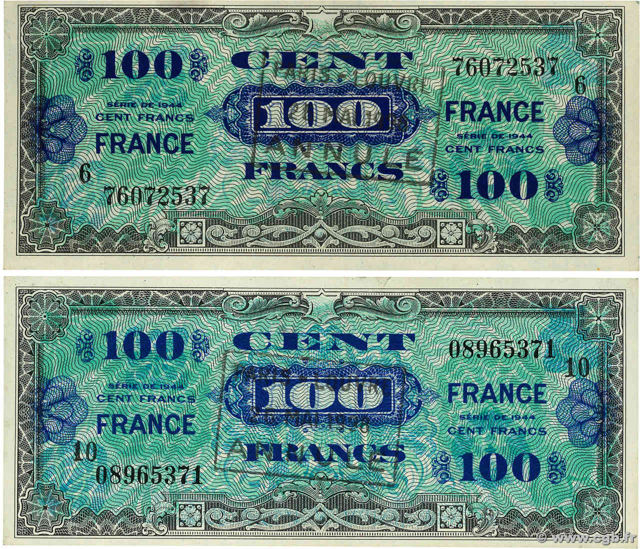 100 Francs FRANCE Annulé FRANCE  1945 VF.25.06 et VF.25.10 AU