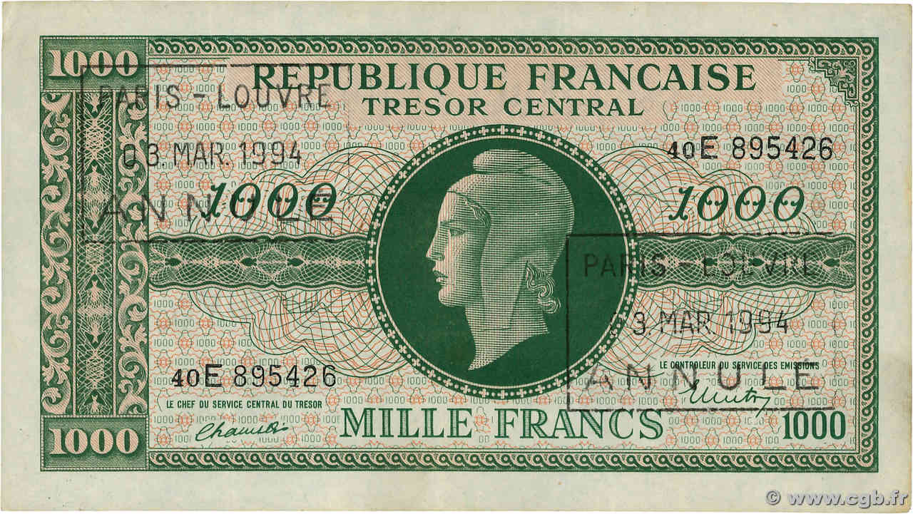 1000 Francs MARIANNE THOMAS DE LA RUE Annulé FRANCIA  1945 VF.13.02 BB