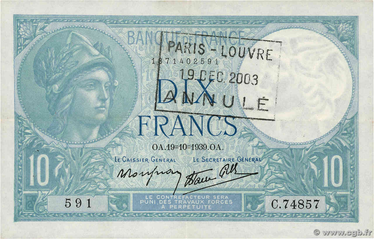 10 Francs MINERVE modifié Annulé FRANCIA  1939 F.07.12 MBC+