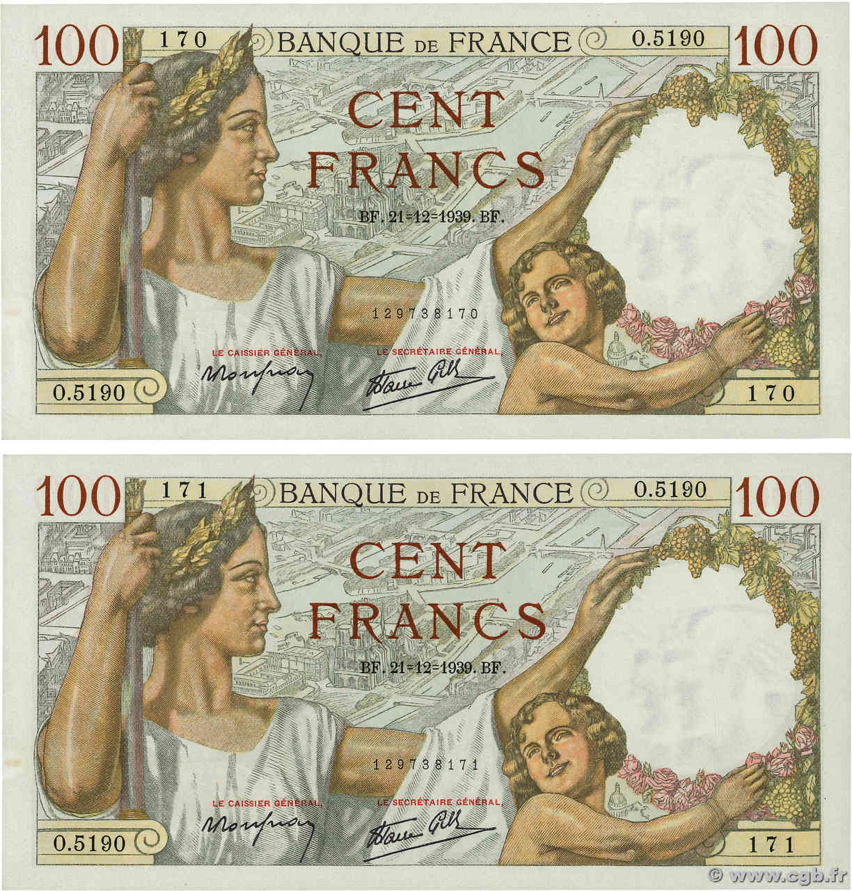 100 Francs SULLY Consécutifs FRANCIA  1939 F.26.18 SC+