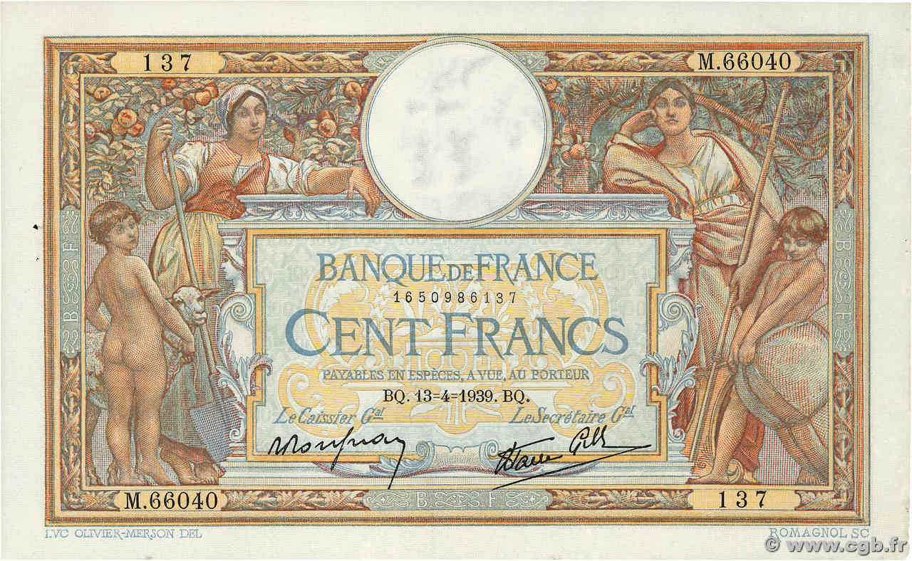 100 Francs LUC OLIVIER MERSON type modifié FRANCIA  1939 F.25.46 SPL+