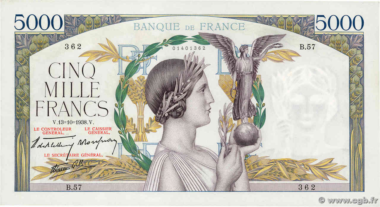 5000 Francs VICTOIRE modifié, taille douce FRANCIA  1938 F.45.01 EBC