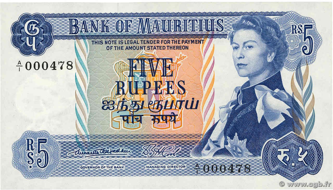 5 Rupees Petit numéro MAURITIUS  1967 P.30a SC+