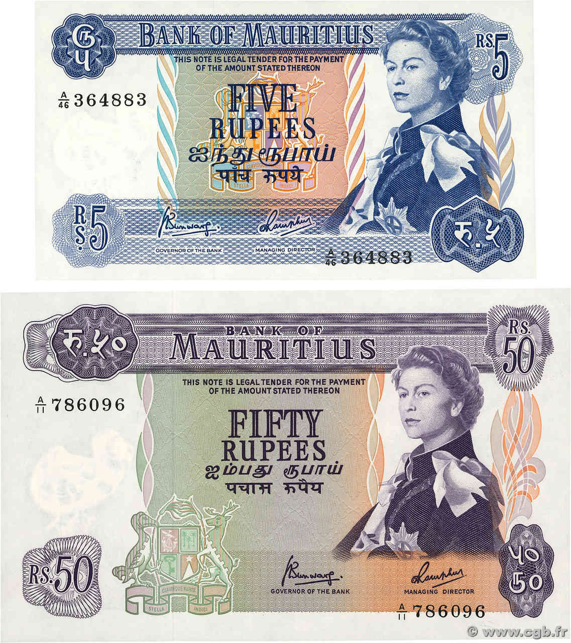5 et 50 Rupees Lot MAURITIUS  1973 P.30c et P.33c UNC