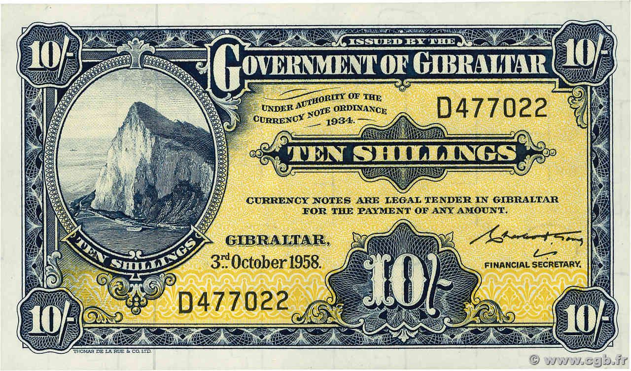 10 Shillings GIBRALTAR  1958 P.17 fVZ