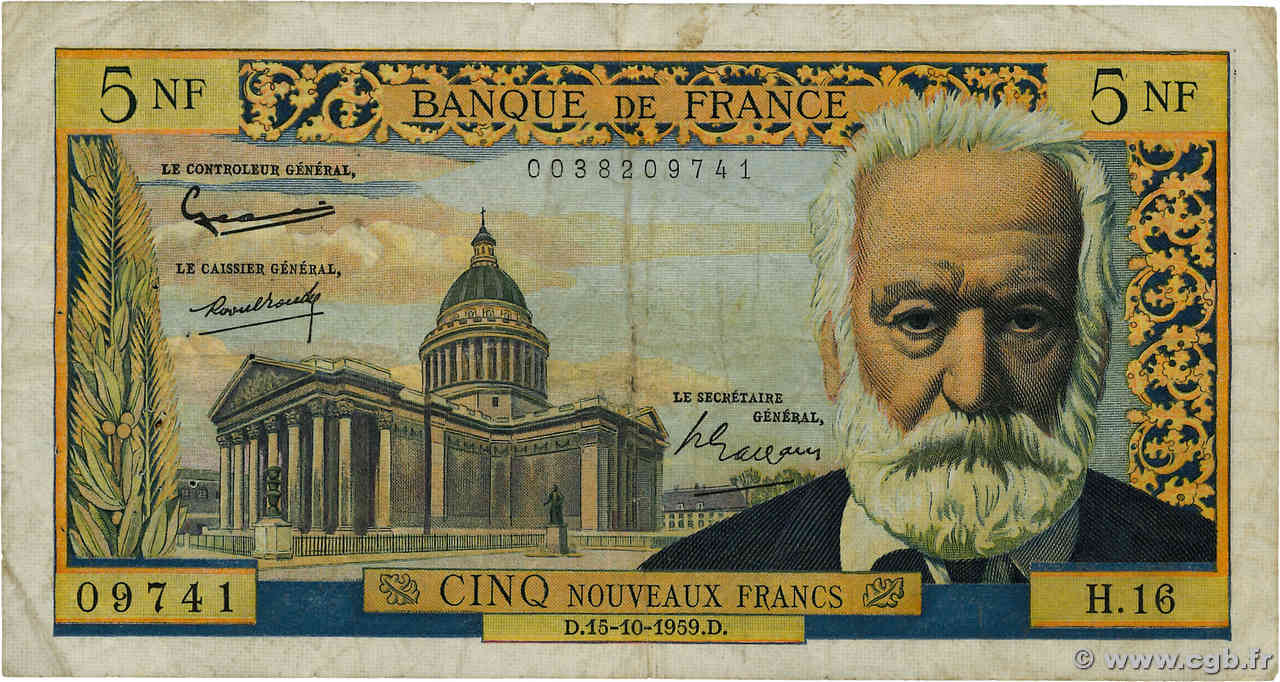 5 Nouveaux Francs VICTOR HUGO FRANCE  1959 F.56.03 B+