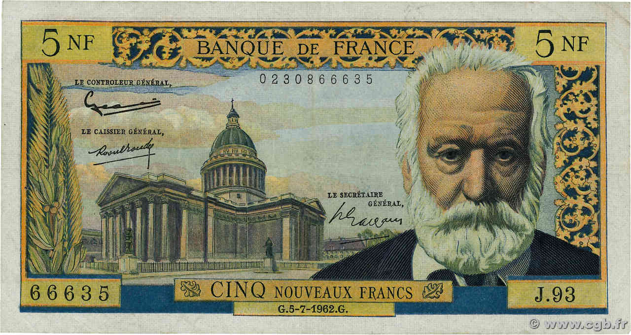 5 Nouveaux Francs VICTOR HUGO FRANCE  1962 F.56.12 B+