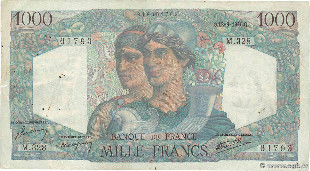 1000 Francs MINERVE ET HERCULE FRANCE  1946 F.41.16 pr.TTB