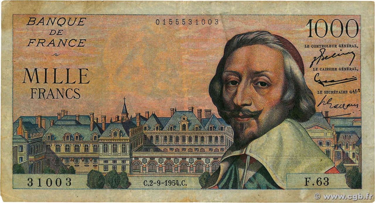 1000 Francs RICHELIEU FRANCE  1954 F.42.07 B+