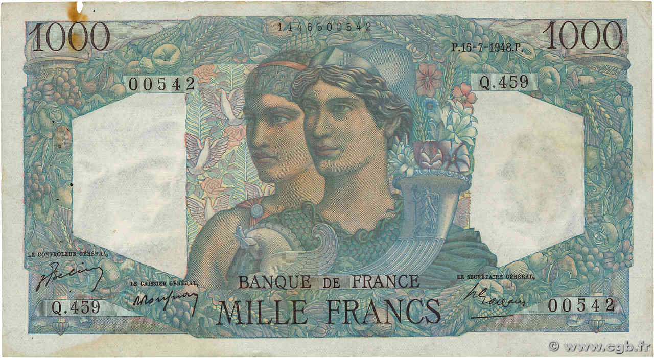 1000 Francs MINERVE ET HERCULE FRANCE  1948 F.41.22 pr.TTB