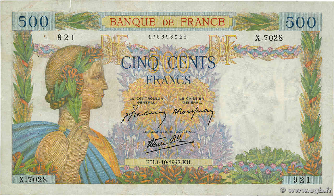 500 Francs LA PAIX FRANCE  1942 F.32.41 pr.TTB