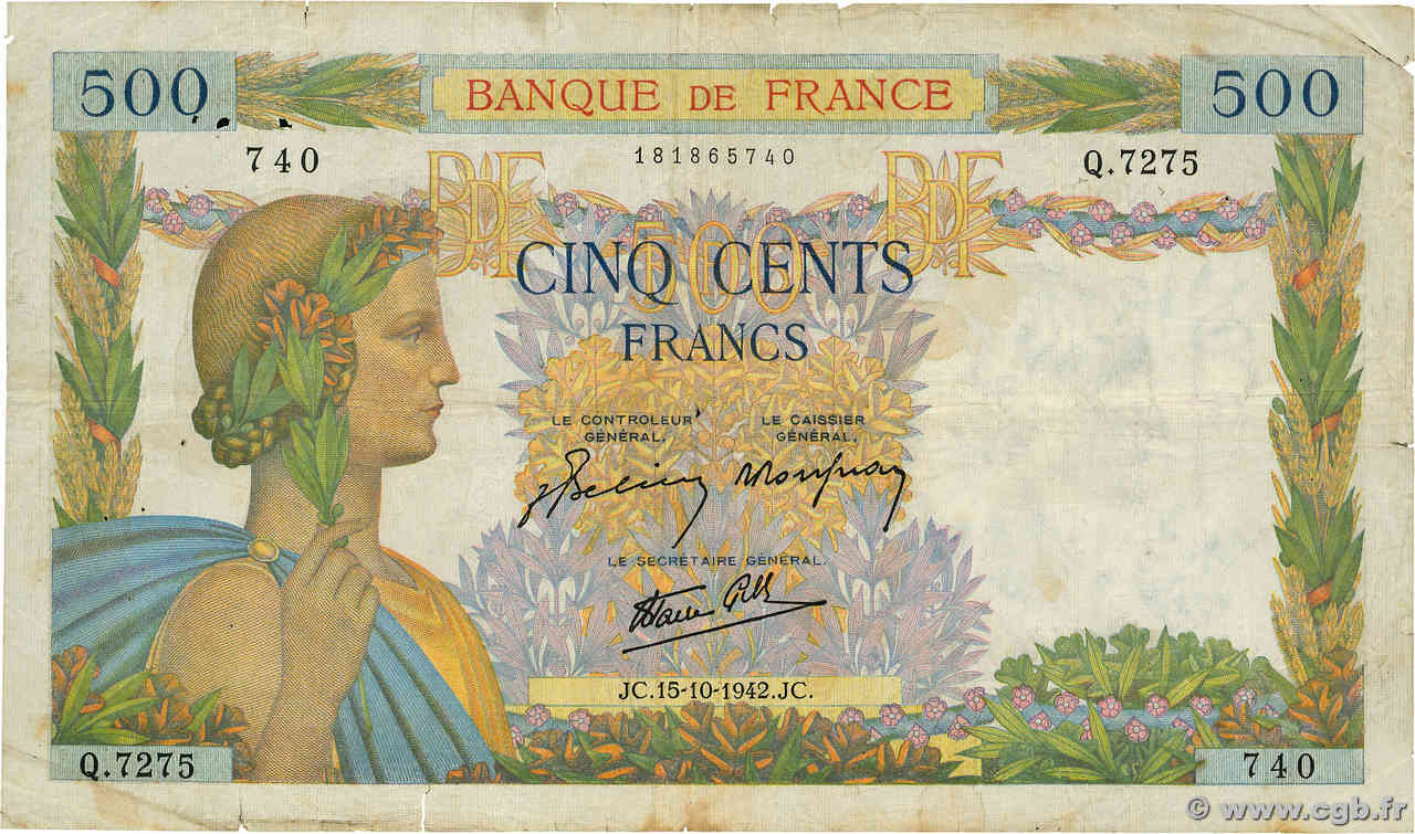 500 Francs LA PAIX FRANCE  1942 F.32.42 TB
