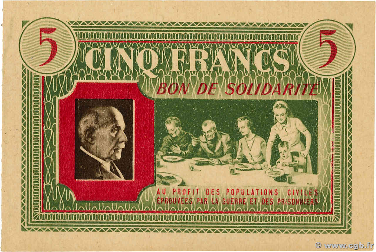 5 Francs BON DE SOLIDARITÉ FRANCE régionalisme et divers  1941 KL.05B4 SPL+