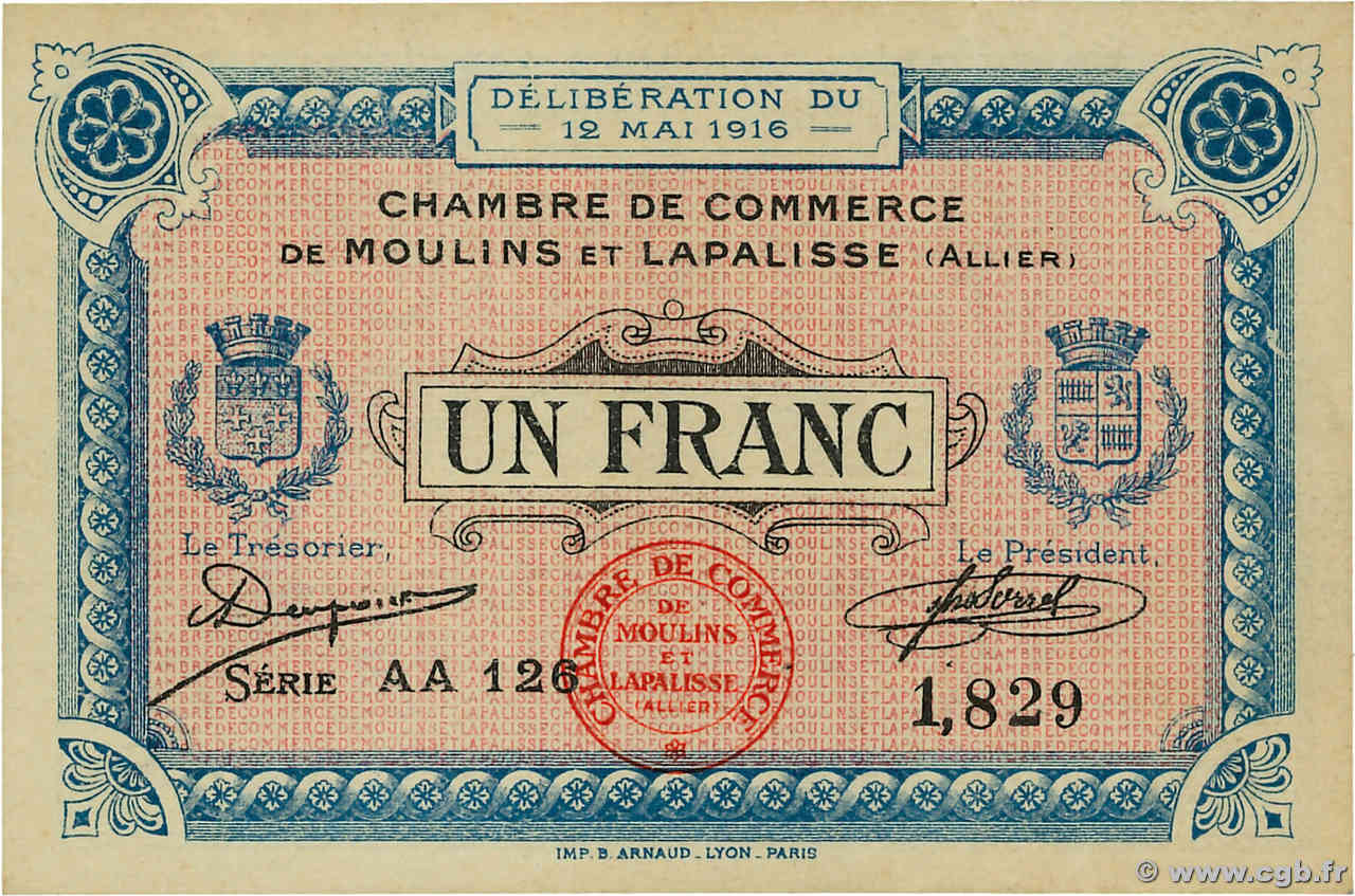 1 Franc FRANCE régionalisme et divers Moulins et Lapalisse 1916 JP.086.04 pr.NEUF