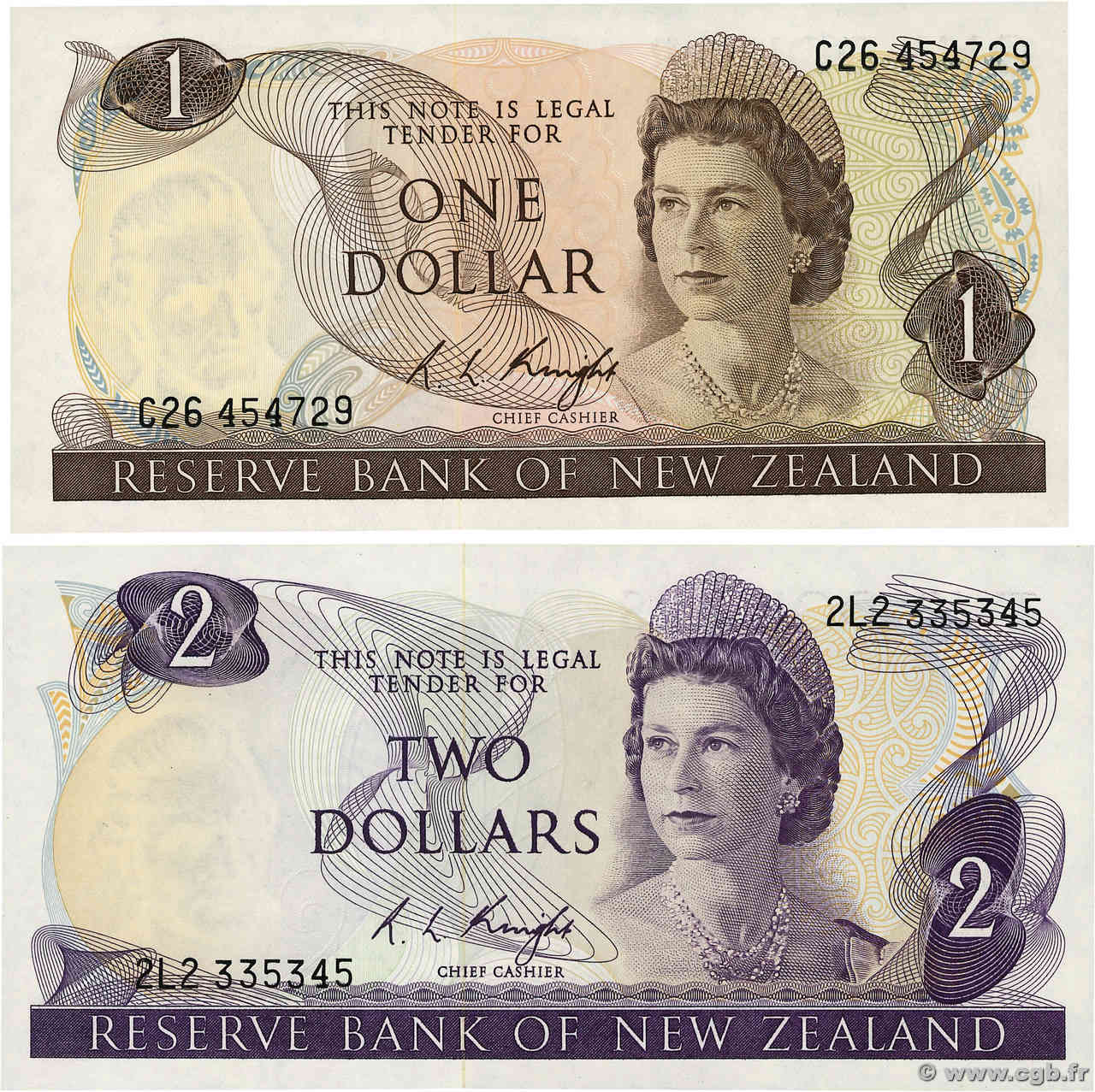 1 et 2 Dollars Lot NOUVELLE-ZÉLANDE  1975 P.163c et P.164c NEUF