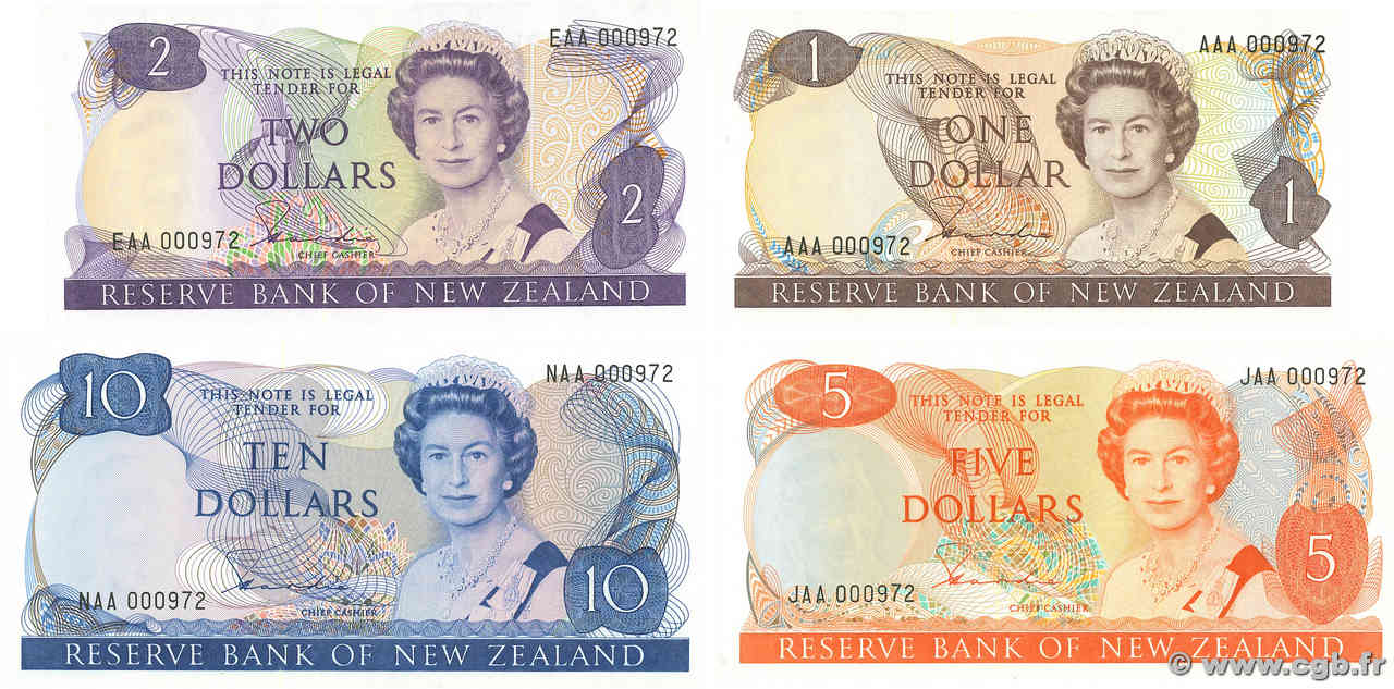 1 au 10 Dollars Lot NOUVELLE-ZÉLANDE  1981 P.169a au P.172a NEUF