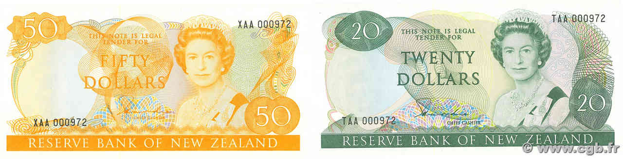 20 et 50 Dollars Lot NEW ZEALAND  1981 P.173a et P.174a UNC