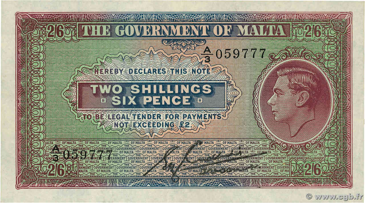 2 Shillings 6 Pence MALTA  1940 P.18 XF-