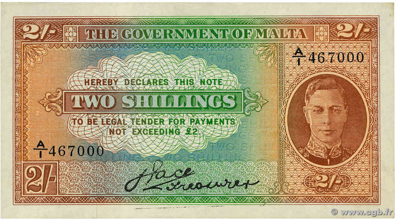 2 Shillings MALTE  1942 P.17a fVZ