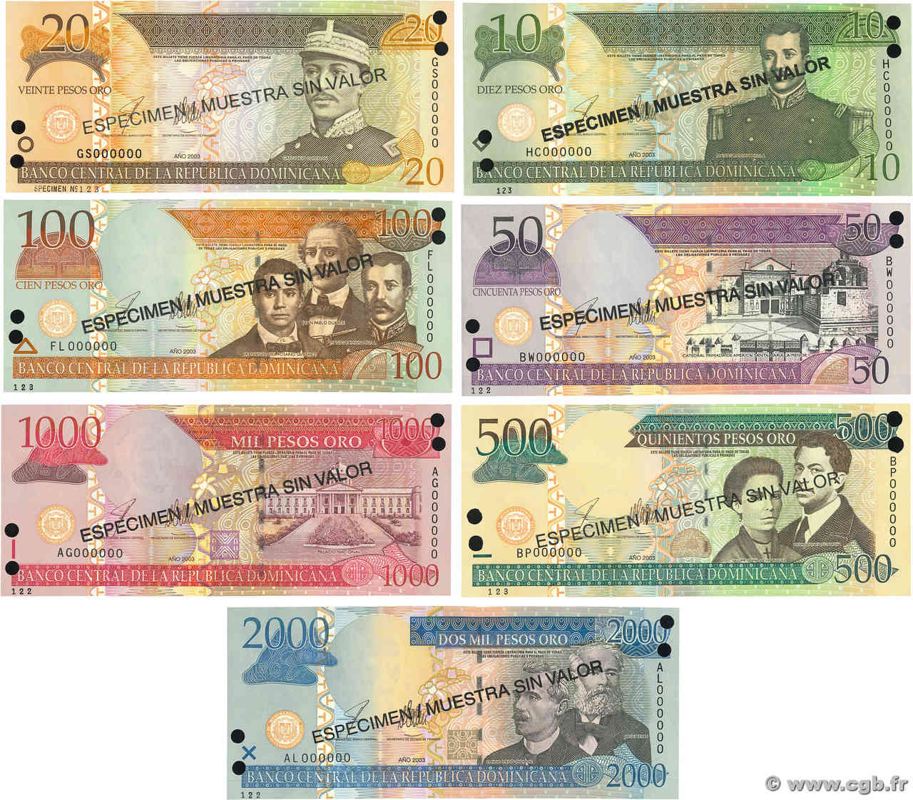 10 à 2000 Pesos Oro Spécimen RÉPUBLIQUE DOMINICAINE  2003 P.169s au P.174s fST+