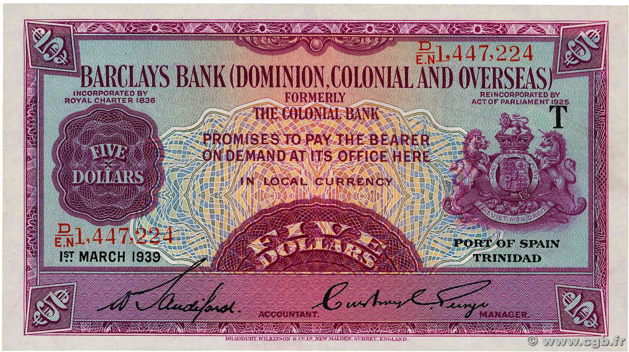 5 Dollars TRINIDAD E TOBAGO  1939 PS.102a SPL