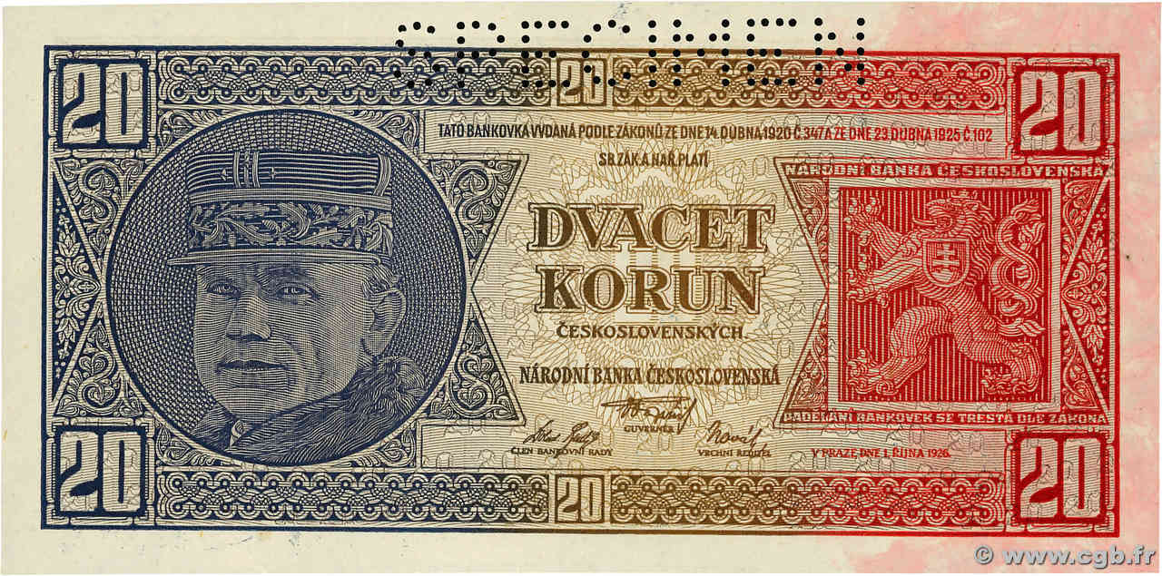 20 Korun Spécimen CECOSLOVACCHIA  1926 P.021s FDC