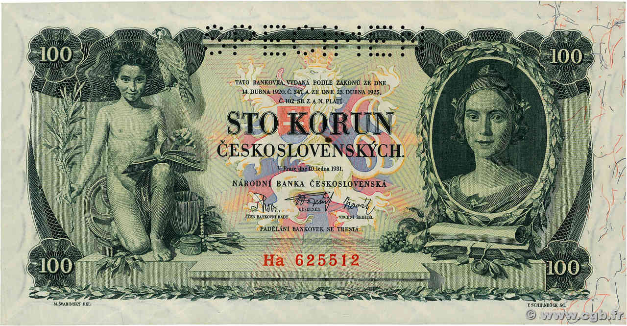 100 Korun Spécimen CZECHOSLOVAKIA  1931 P.023s UNC-