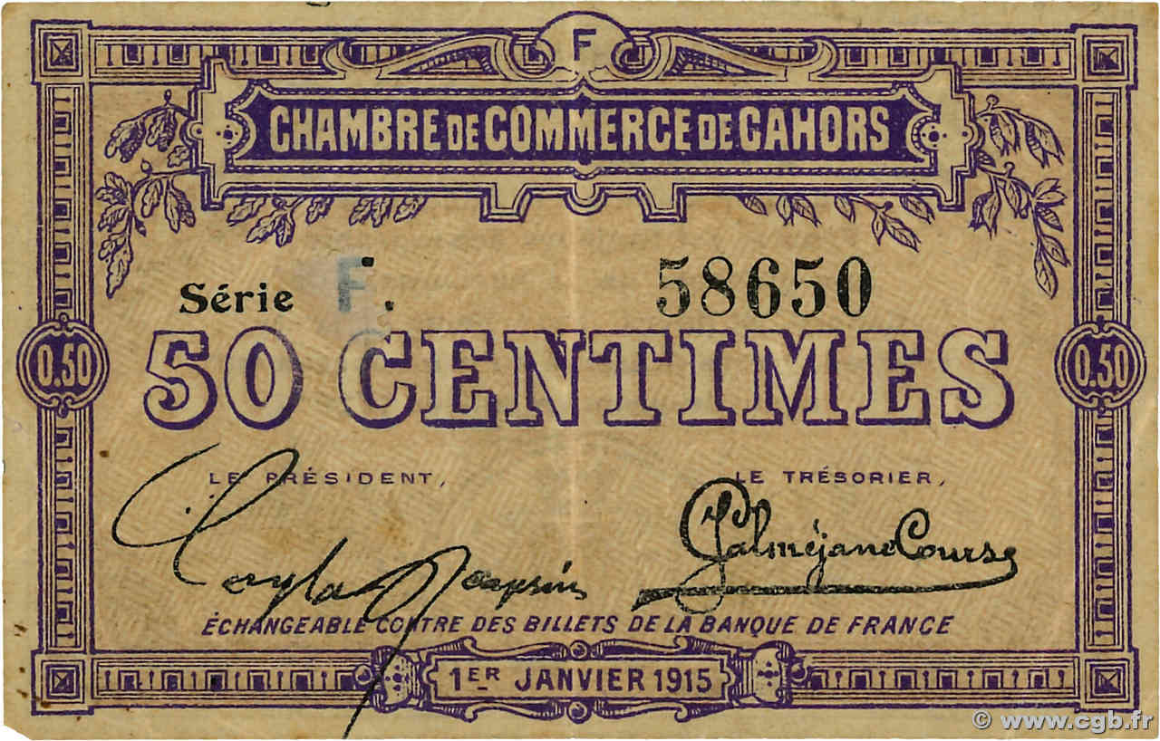 50 Centimes FRANCE regionalism and various Cahors 1915 JP.035.12 VF