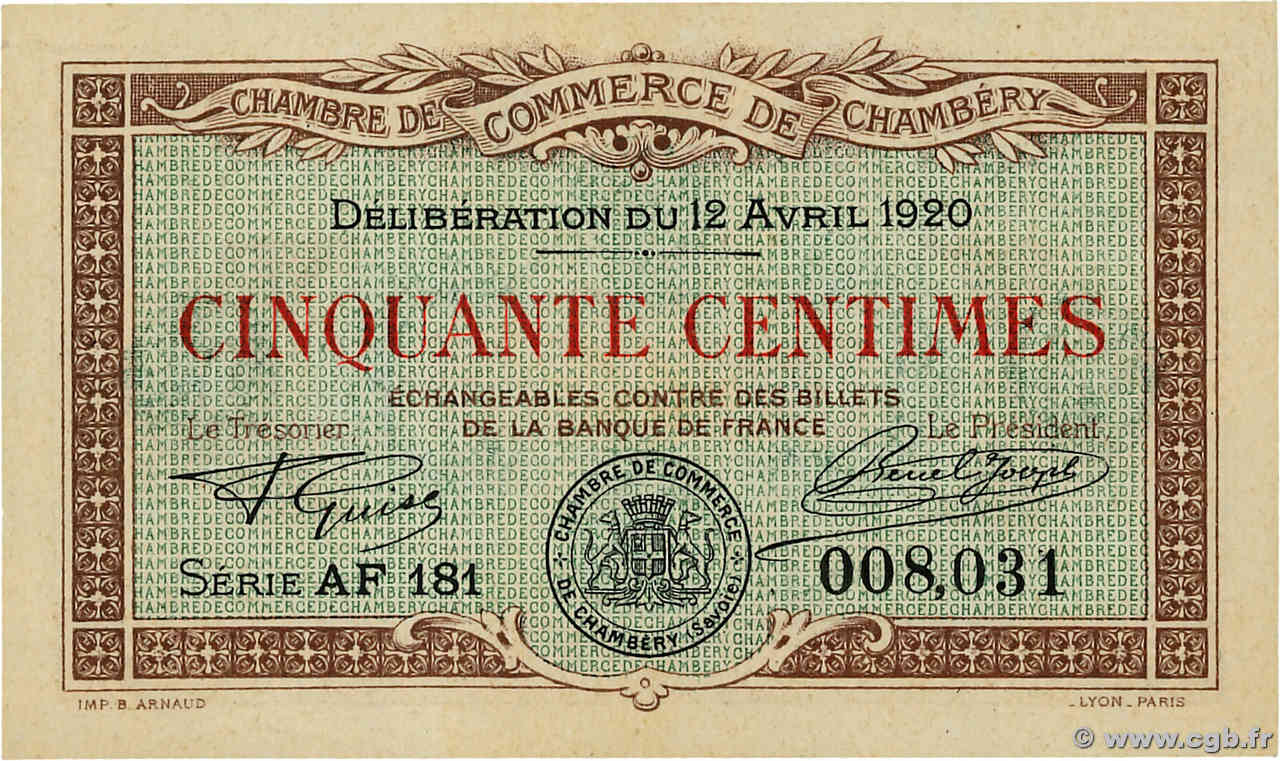 50 Centimes FRANCE regionalismo e varie Chambéry 1920 JP.044.12 FDC