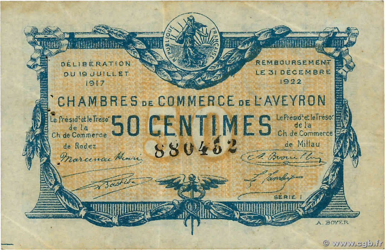50 Centimes FRANCE régionalisme et divers Rodez et Millau 1917 JP.108.11 TTB