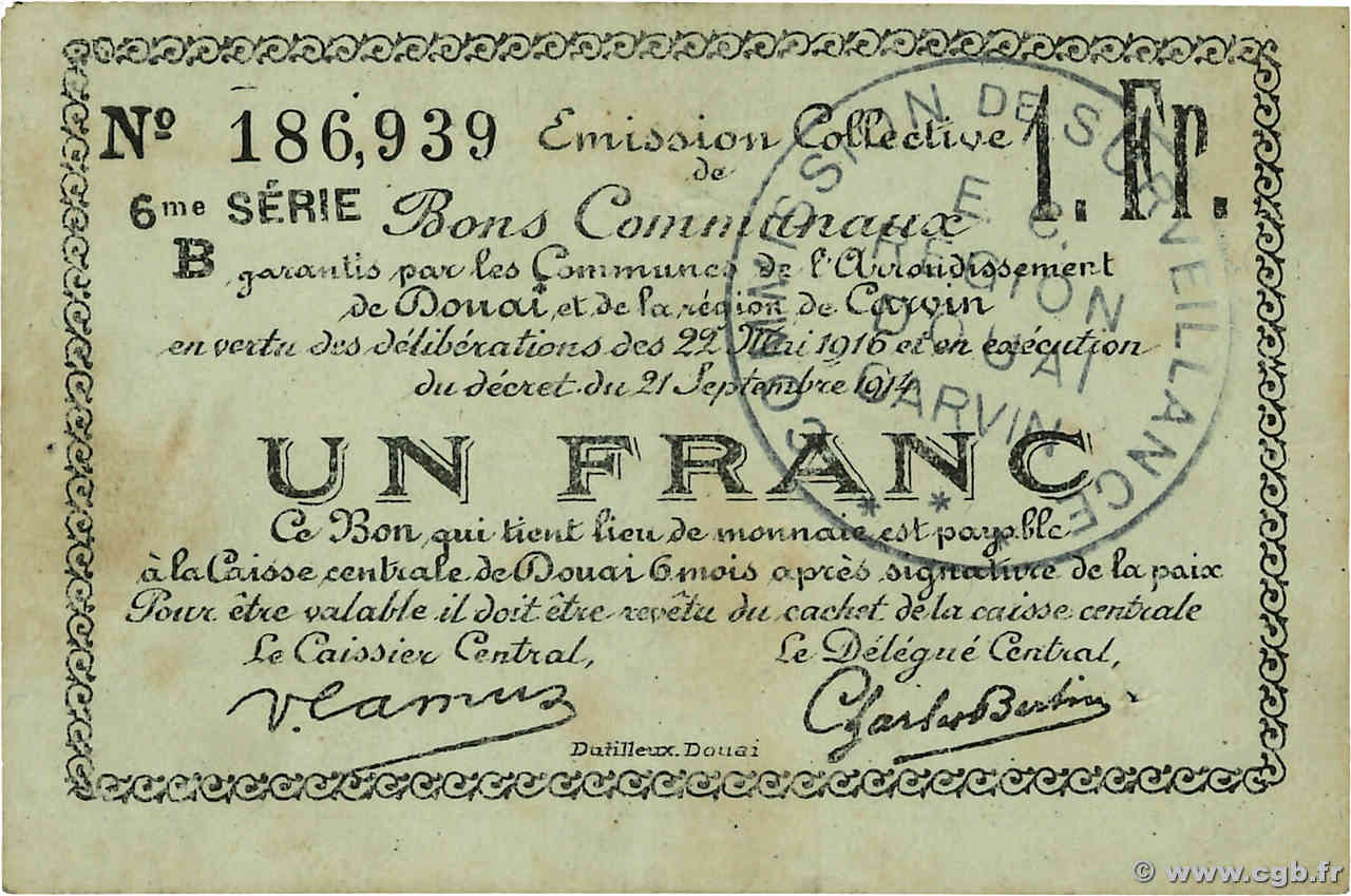 1 Franc FRANCE régionalisme et divers Douai 1916 JP.59-0785 TTB+