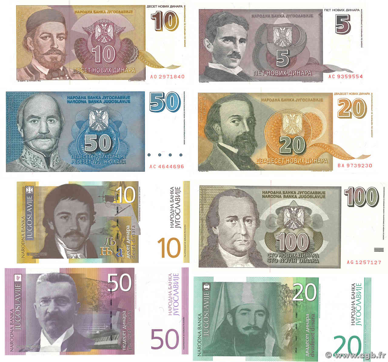 5 au 100 Novih Dinara et 10 au 50 Dinara Lot YUGOSLAVIA  1996 P.148 au P.152 et P.153 au P.155 UNC