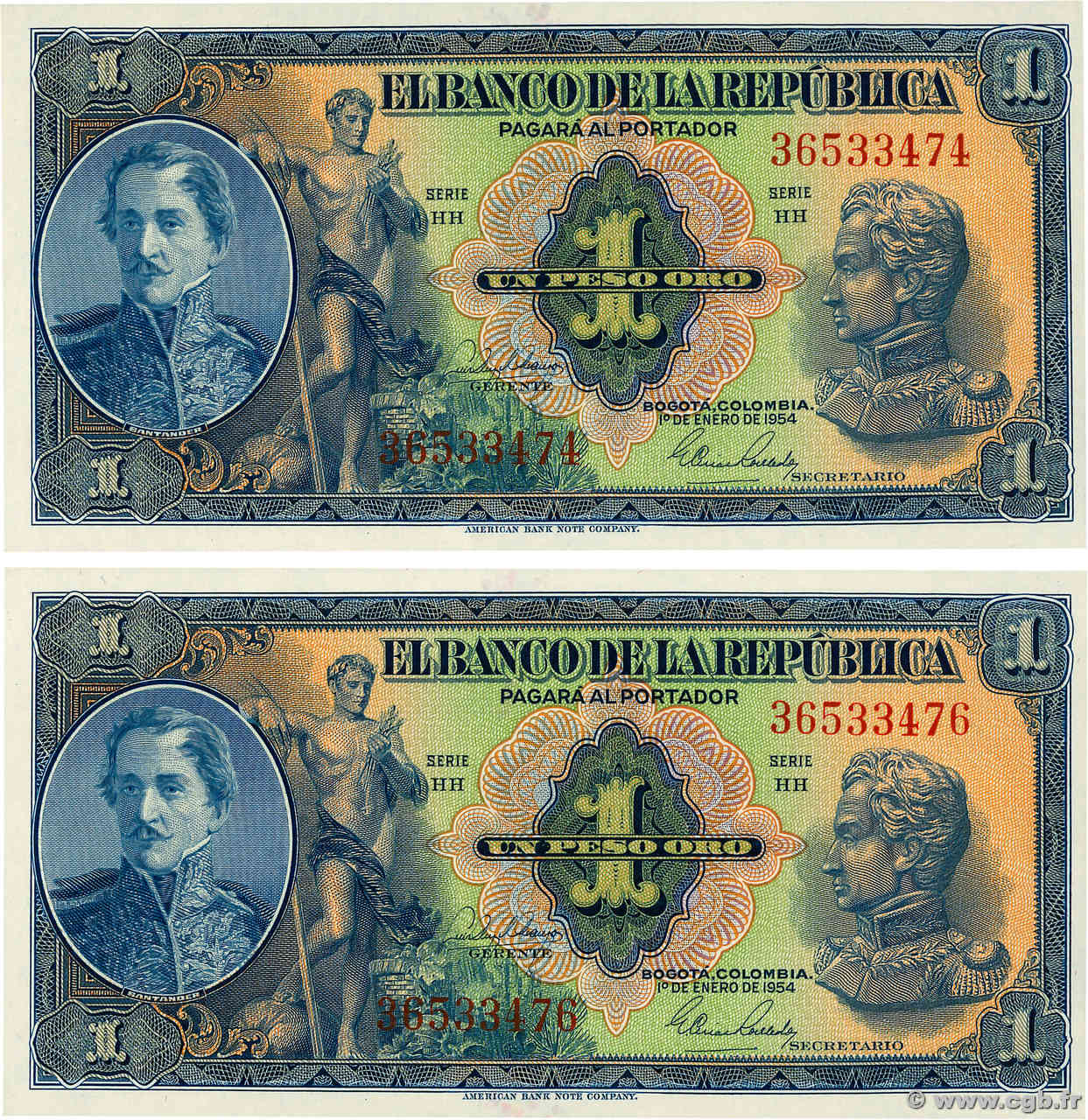1 Peso Oro Lot COLOMBIE  1954 P.380g NEUF