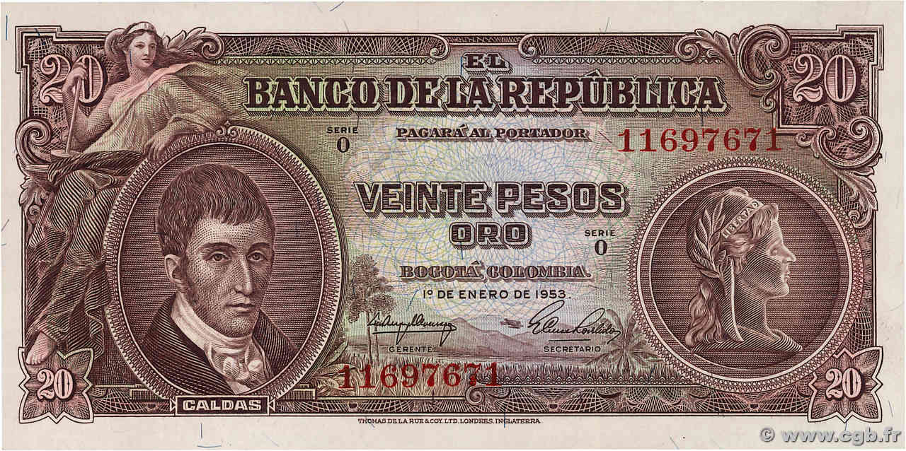 20 Pesos Oro COLOMBIA  1953 P.401a UNC-