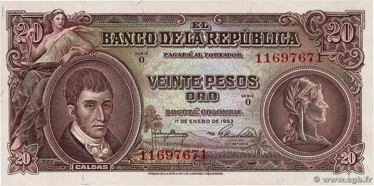 20 Pesos Oro KOLUMBIEN  1953 P.401a fST+