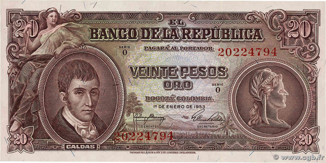 20 Pesos Oro COLOMBIA  1953 P.401a FDC