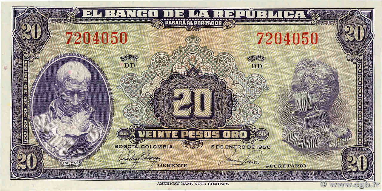 20 Pesos Oro COLOMBIA  1953 P.392d FDC