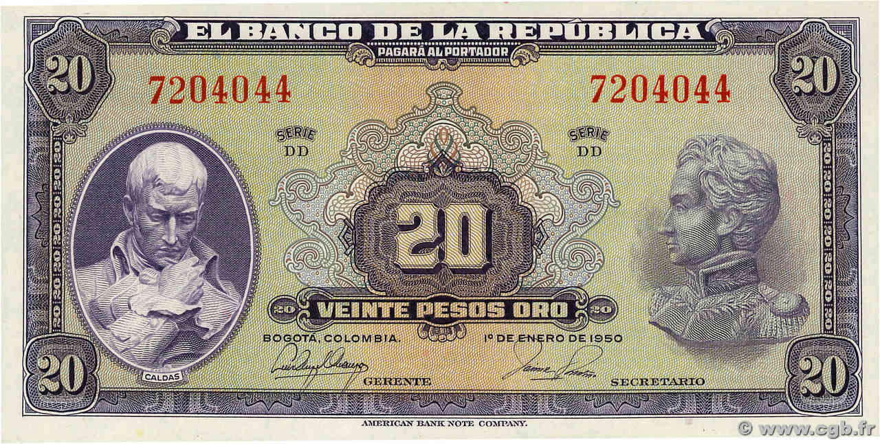 20 Pesos Oro KOLUMBIEN  1953 P.392d ST