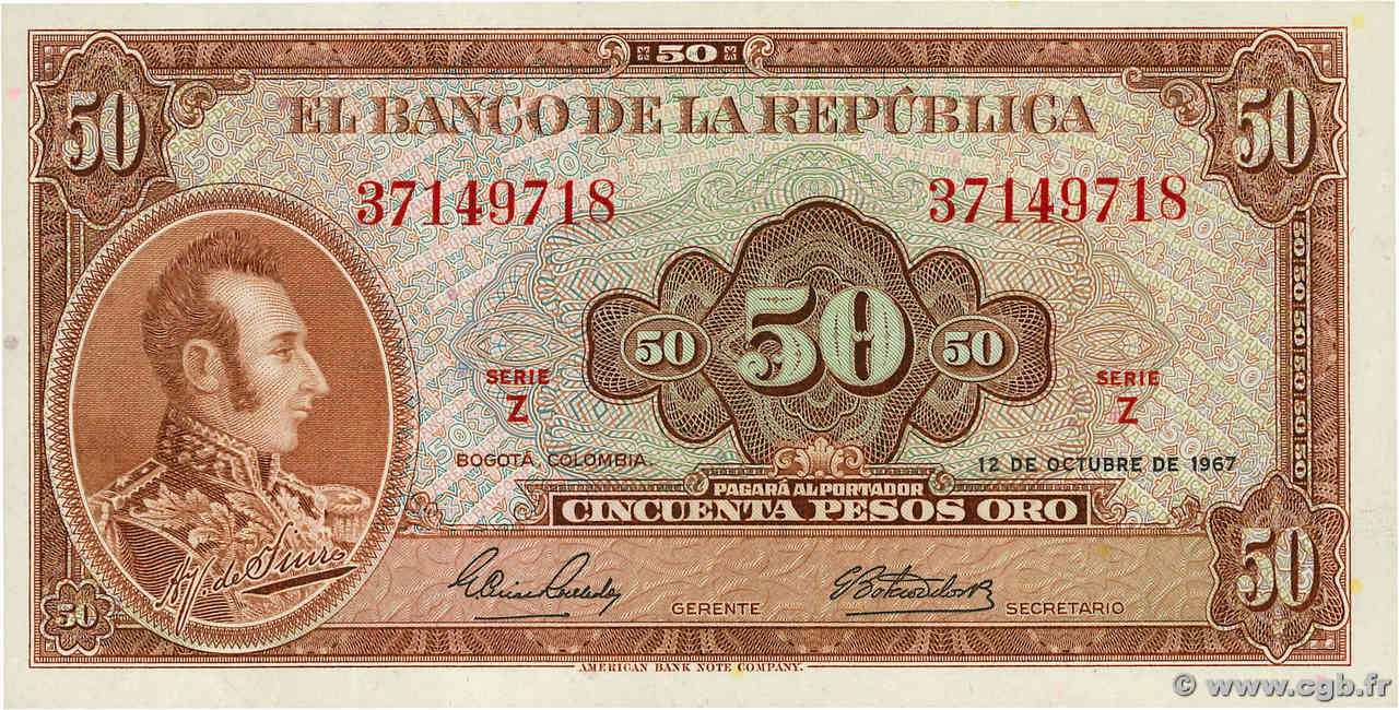 50 Pesos Oro COLOMBIA  1967 P.402 UNC