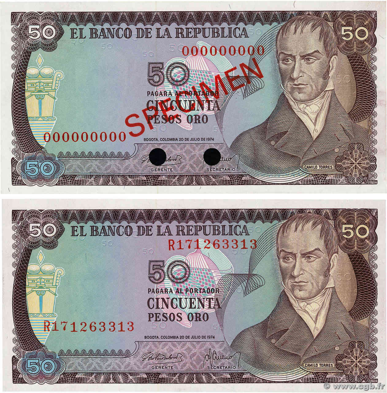 50 Pesos Oro Spécimen COLOMBIA  1974 P.414s et P.414 AU+